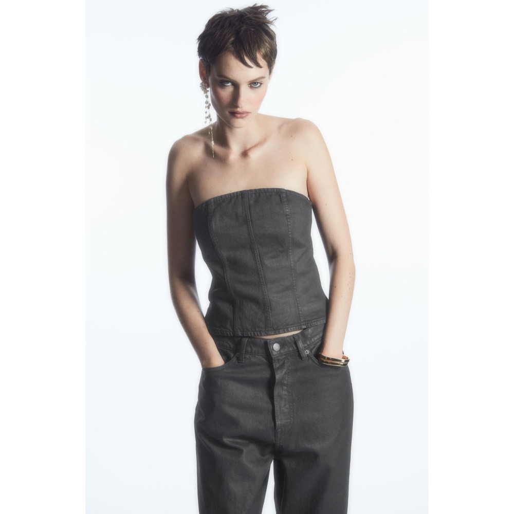 COS Coated Denim Bustier Top Black Strapless Corset Zip Back US 4‎ NWT